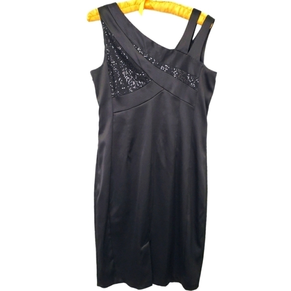 Sangria Cocktail Dress Asymetrical Neckline Bandage Spandex 10 Black Sequins EUC - Picture 11 of 12